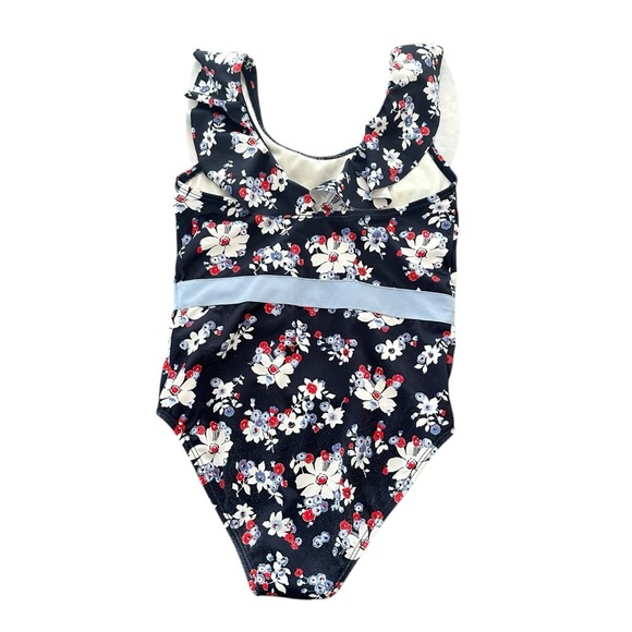 Janie and Jack Girls size 7 Navy Floral Ruffle One Piece swimsuit Swim wear Bow - Picture 2 of 4